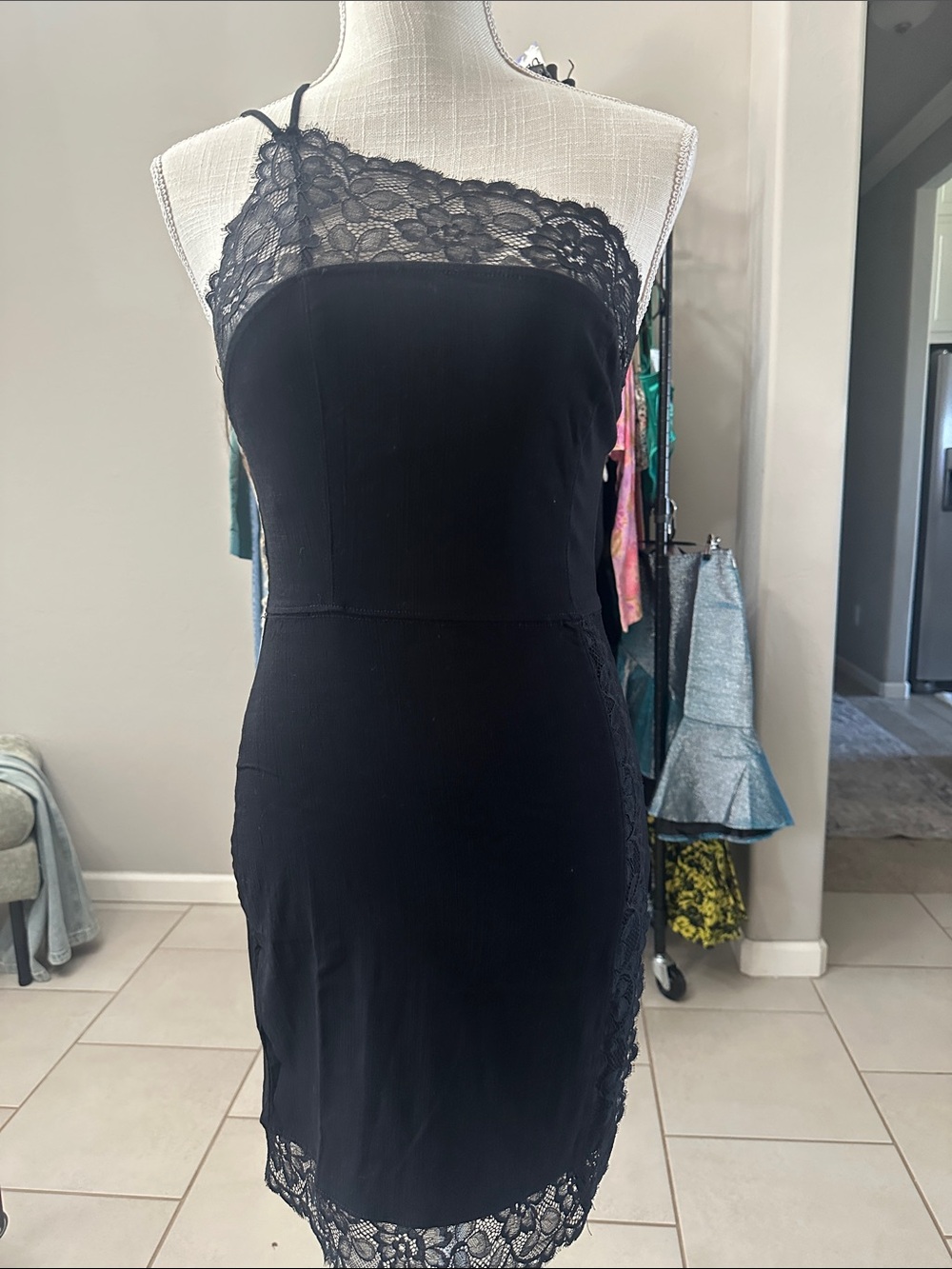 #55 Live Show NWT Free People Black One-Shoulder Lace-Trim Slip Dress